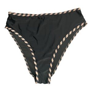 Black and Tan High-Cut Bikini Bottom with Striped Trim L